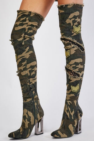 Ladies Camouflage Print Thigh High Boots