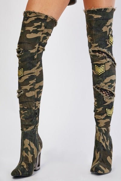 Ladies Camouflage Print Thigh High Boots