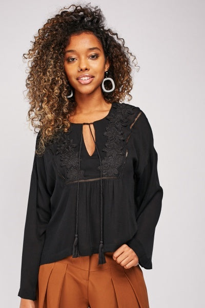 Tie Up Crochet Trim Boho Blouse