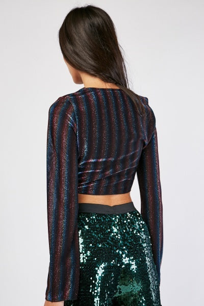 Ladies Tie Up Metallic Stripe Crop Top