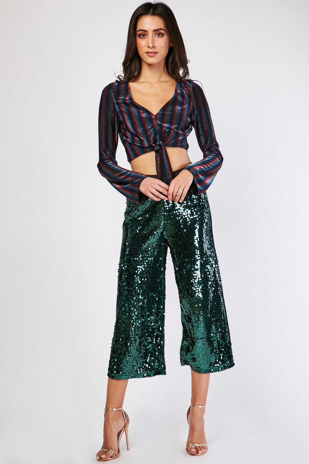 Ladies Tie Up Metallic Stripe Crop Top