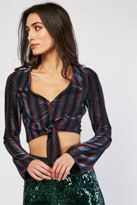 Ladies Tie Up Metallic Stripe Crop Top